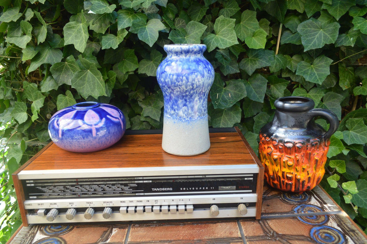 Mid-Century VEB Strehla 1437 Keramik Vase mit blauer Fat-Lava Glasur - 1960s DDR Vintage Studiokeramik ostdeutsche Fat-Lava Keramik Vase