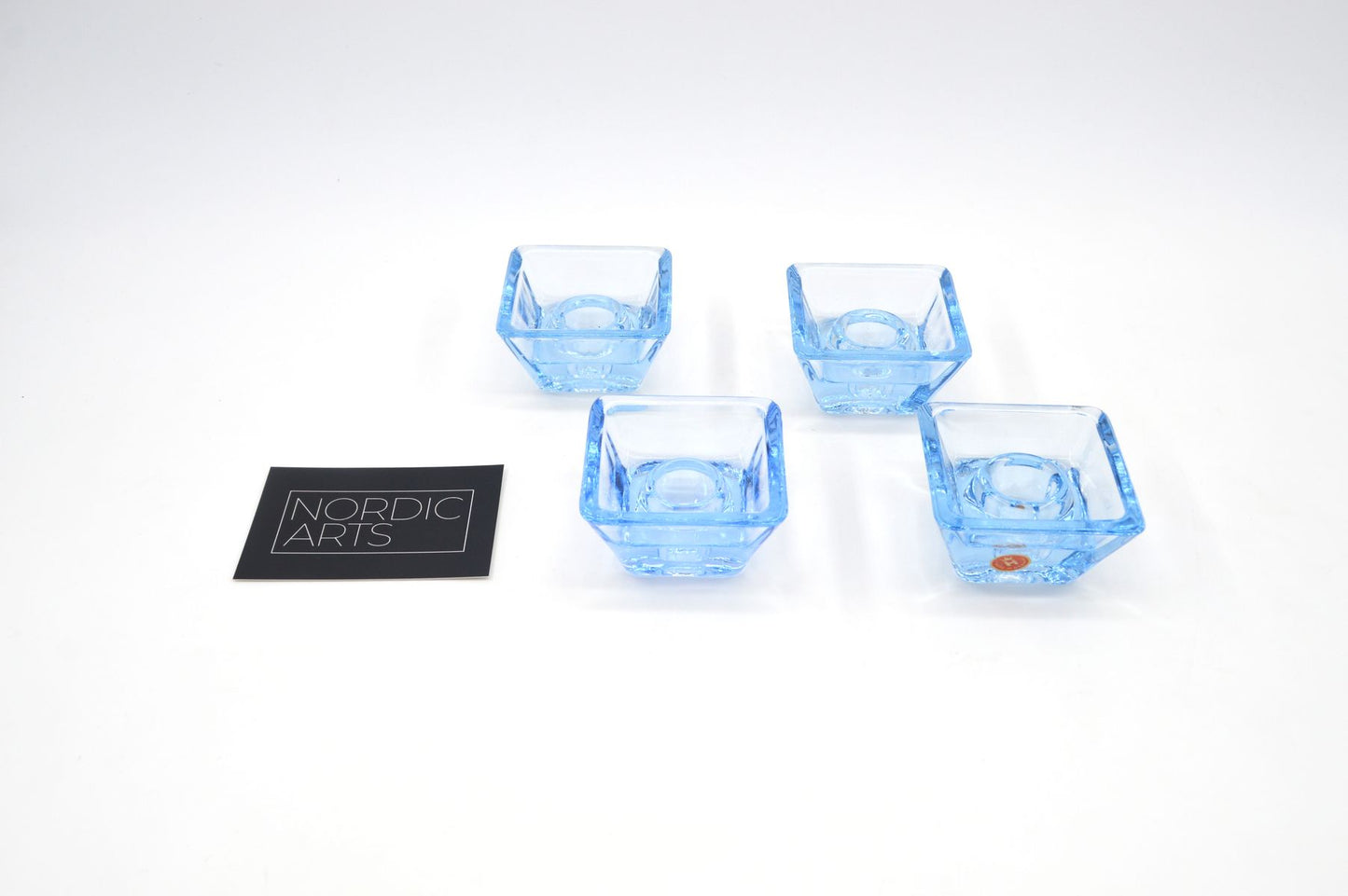 Mid-Century 1960s blaue Holmegaard Kastrup Design Danmark 4 Kerzenhalter 16524 Per Lütken (1916-1998) Design 1960s – Danish Modern Designklassiker