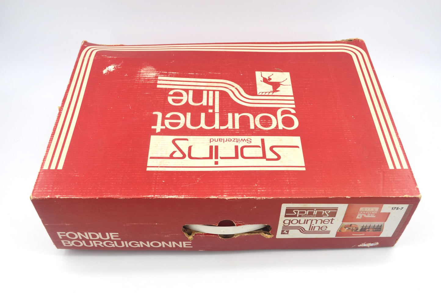 Original 1980s Vintage Spring Culinox Kupfer Fondue Set mit Originalverpackung mit Fondue Topf, Fonduegabeln, Brenner und Ständer, Mid-Century Schweizer Design Fondue