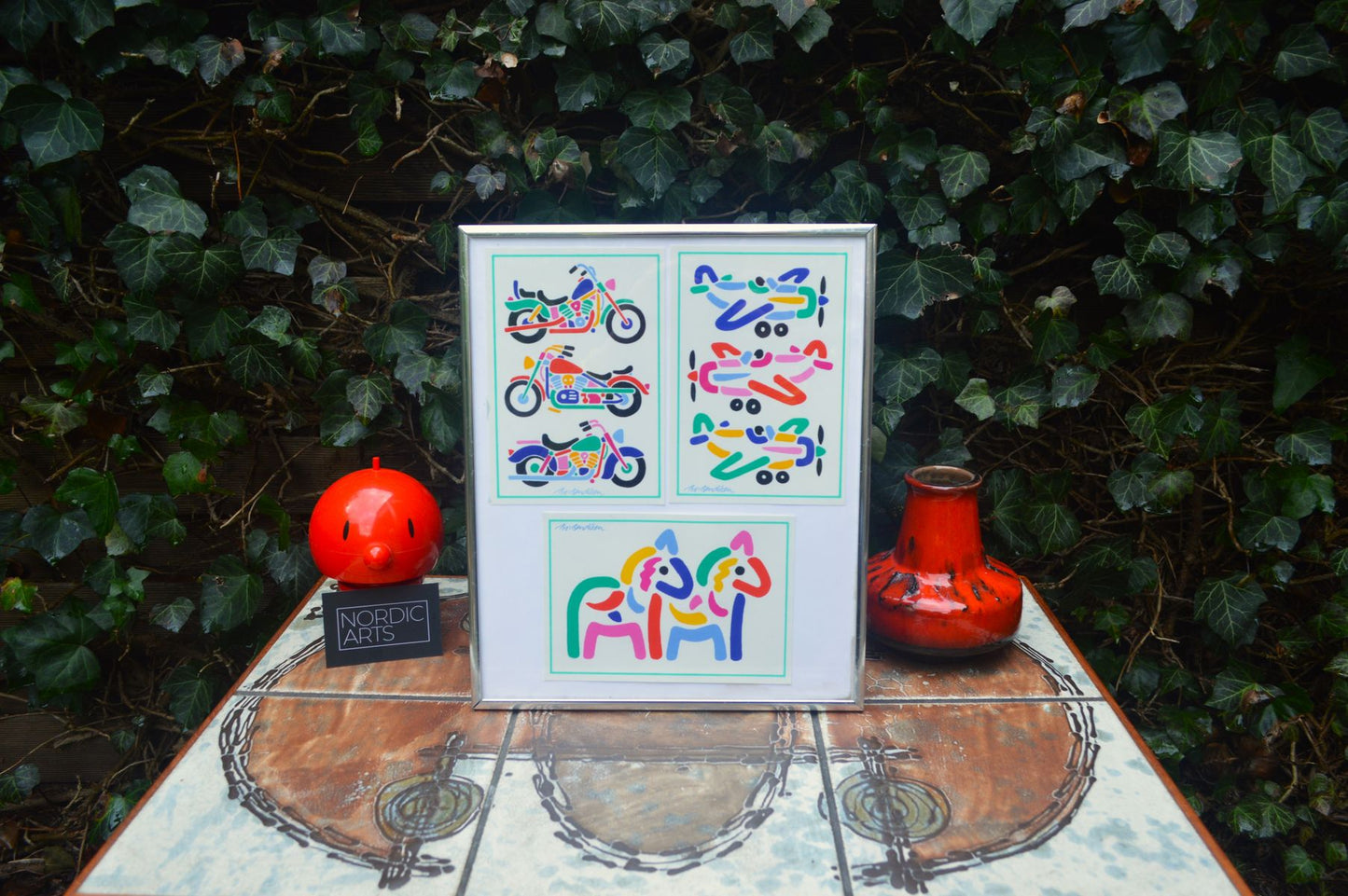 Original Bo Bendixen Denmark farbenfrohe Kunstdrucke im Bilderrahmen 1980s dänische Designklassiker