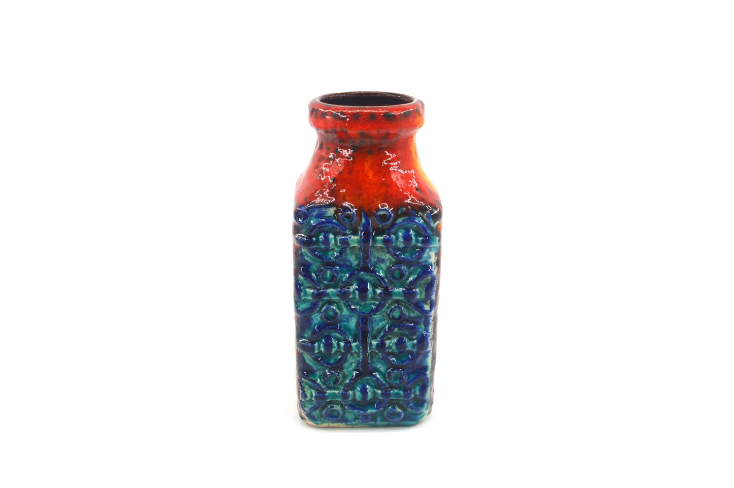 WGP Bay Keramik Fat-Lava Keramik Vase 984-20 Bodo Mans Design 1960s westdeutsches Design rote- und blaue Fat-Lava Glasur Pop-Art Design