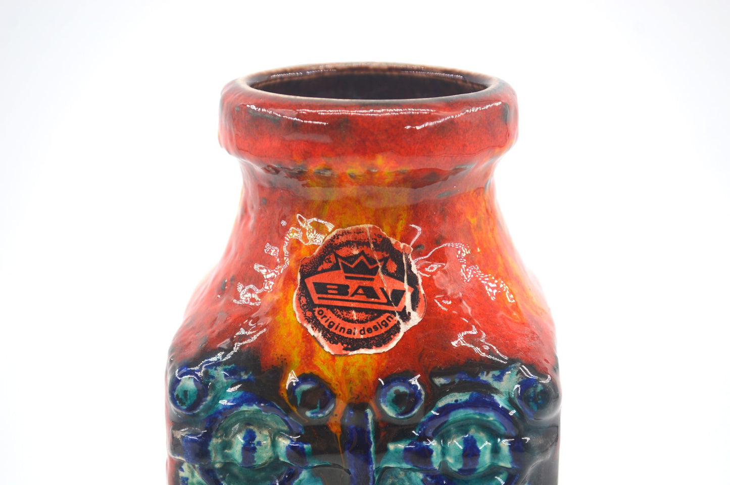 WGP Bay Keramik Fat-Lava Keramik Vase 984-20 Bodo Mans Design 1960s westdeutsches Design rote- und blaue Fat-Lava Glasur Pop-Art Design