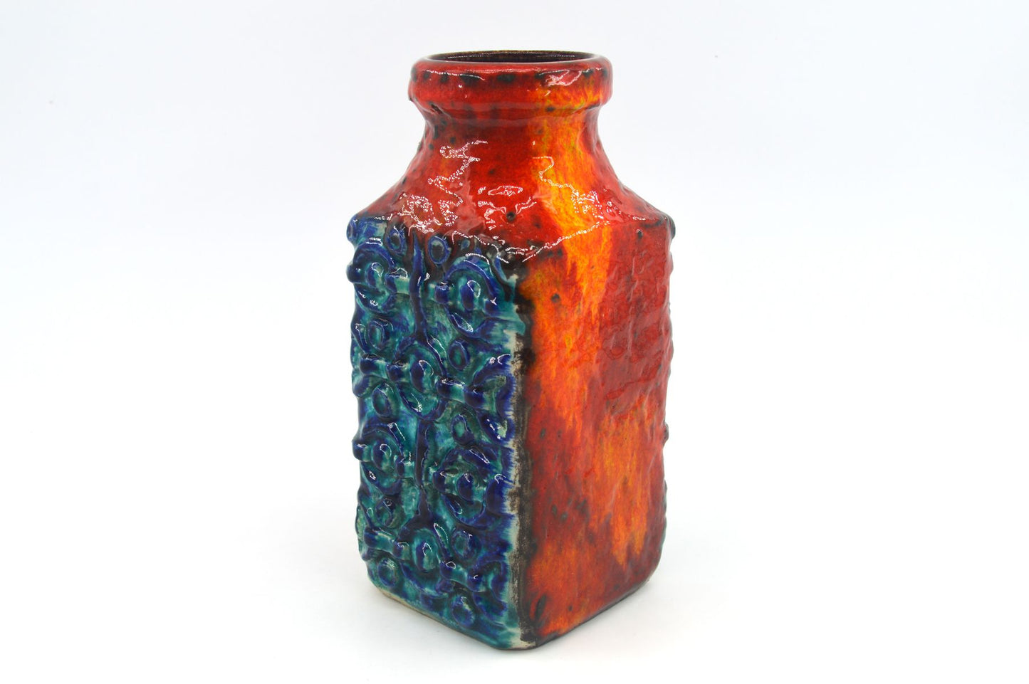 WGP Bay Keramik Fat-Lava Keramik Vase 984-20 Bodo Mans Design 1960s westdeutsches Design rote- und blaue Fat-Lava Glasur Pop-Art Design