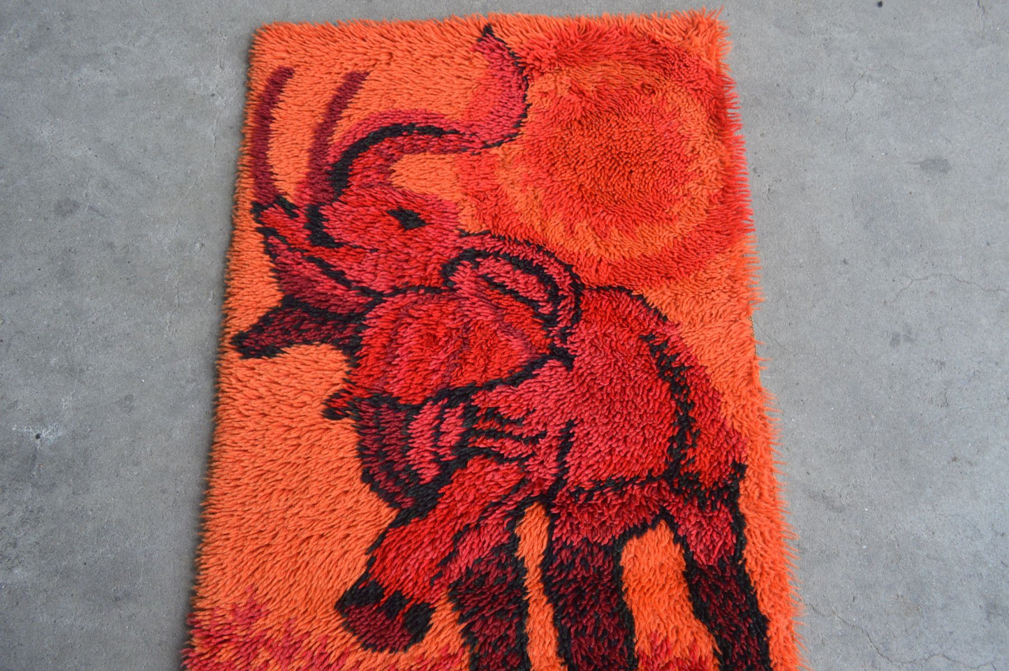 Vintage Ege Rya Danmark Elephant Teppich 1970s Pop-Art Design Denmark Scandinavian Folklore Carpets – dänischer Vintage Design Teppich