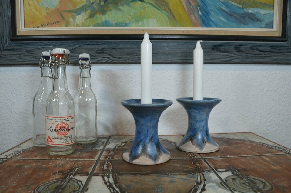 Vintage Rakker-Huset Dänemark Studiokeramik Kerzenhalter 1970s Danish Modern Design Kerzenhalter mit blauer Laufglasur