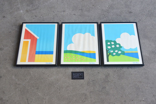 3er Set große Vintage Britta Westhausen Denmark Kunstdrucke mit Strandmotiven im Bilderrahmen 1980s Danish Modern Design – dänische moderne Kunst Vintage Drucke