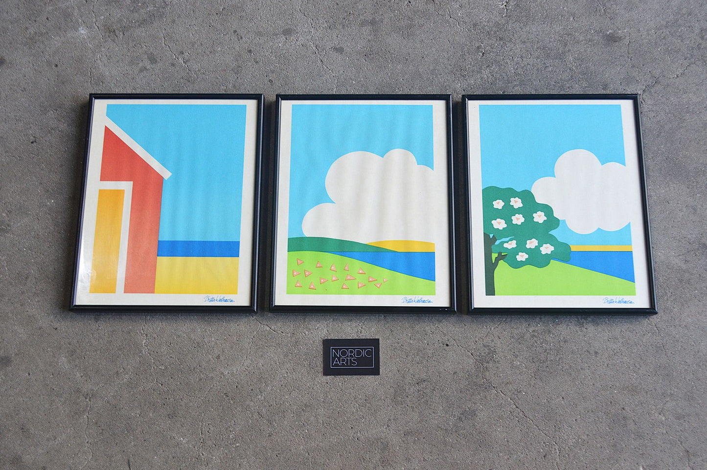 3er Set große Vintage Britta Westhausen Denmark Kunstdrucke mit Strandmotiven im Bilderrahmen 1980s Danish Modern Design – dänische moderne Kunst Vintage Drucke