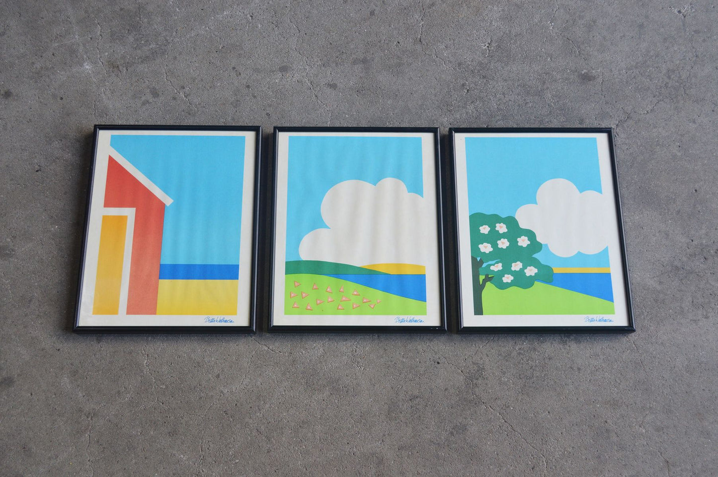 3er Set große Vintage Britta Westhausen Denmark Kunstdrucke mit Strandmotiven im Bilderrahmen 1980s Danish Modern Design – dänische moderne Kunst Vintage Drucke