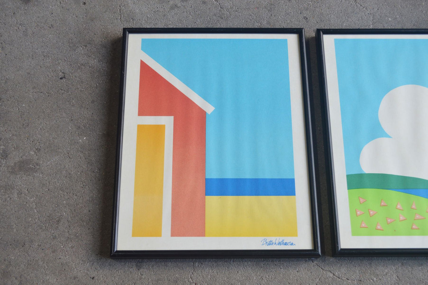 3er Set große Vintage Britta Westhausen Denmark Kunstdrucke mit Strandmotiven im Bilderrahmen 1980s Danish Modern Design – dänische moderne Kunst Vintage Drucke