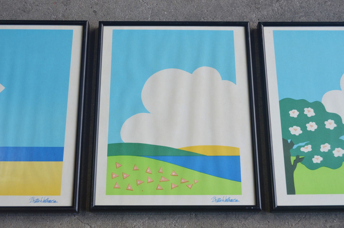 3er Set große Vintage Britta Westhausen Denmark Kunstdrucke mit Strandmotiven im Bilderrahmen 1980s Danish Modern Design – dänische moderne Kunst Vintage Drucke