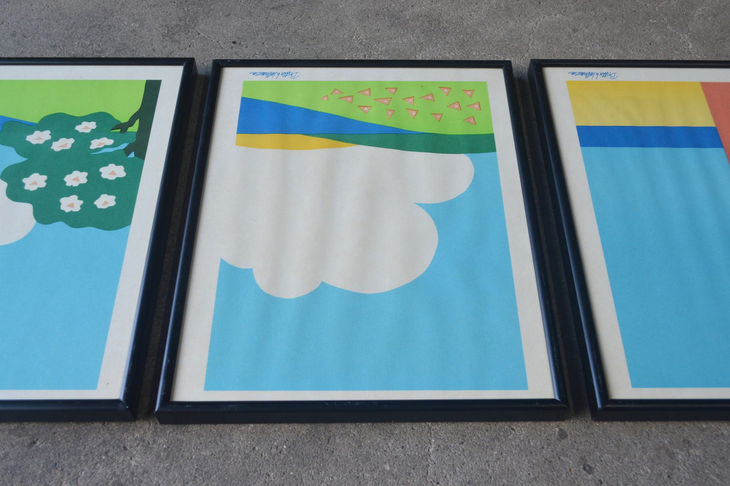 3er Set große Vintage Britta Westhausen Denmark Kunstdrucke mit Strandmotiven im Bilderrahmen 1980s Danish Modern Design – dänische moderne Kunst Vintage Drucke