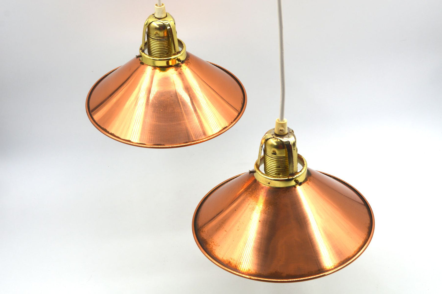 änische Mid-Century Schuhmacherlampen - Vintage Kupfer Schumacher oder Schuster Hängelampen - 1960s dänische MCM Industrie Design Pendellampen