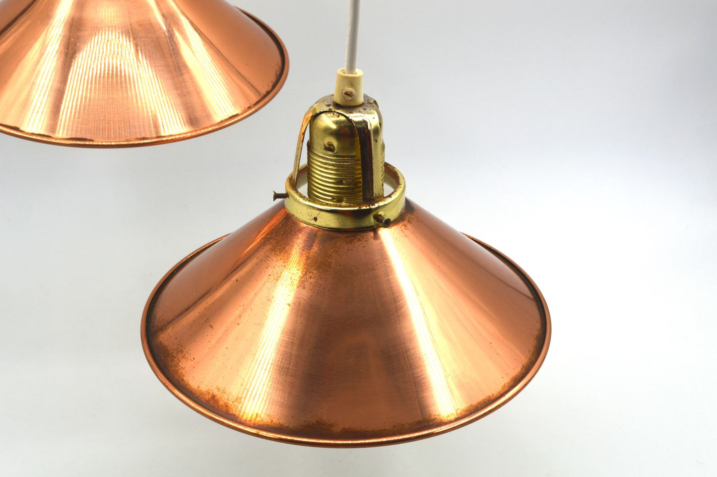 änische Mid-Century Schuhmacherlampen - Vintage Kupfer Schumacher oder Schuster Hängelampen - 1960s dänische MCM Industrie Design Pendellampen