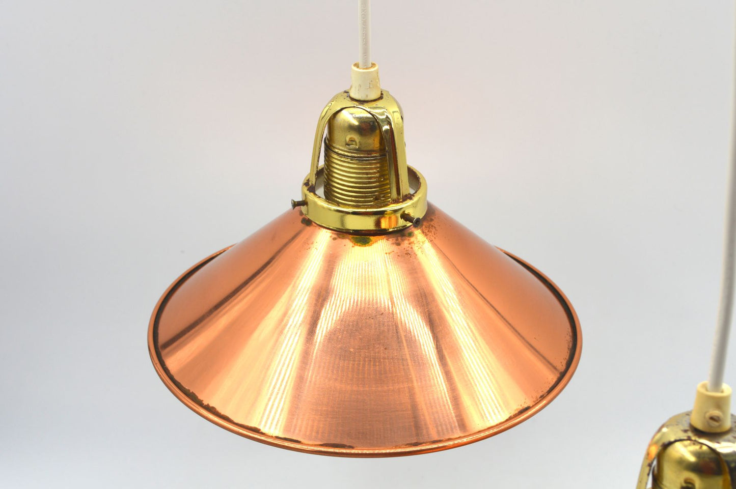 änische Mid-Century Schuhmacherlampen - Vintage Kupfer Schumacher oder Schuster Hängelampen - 1960s dänische MCM Industrie Design Pendellampen
