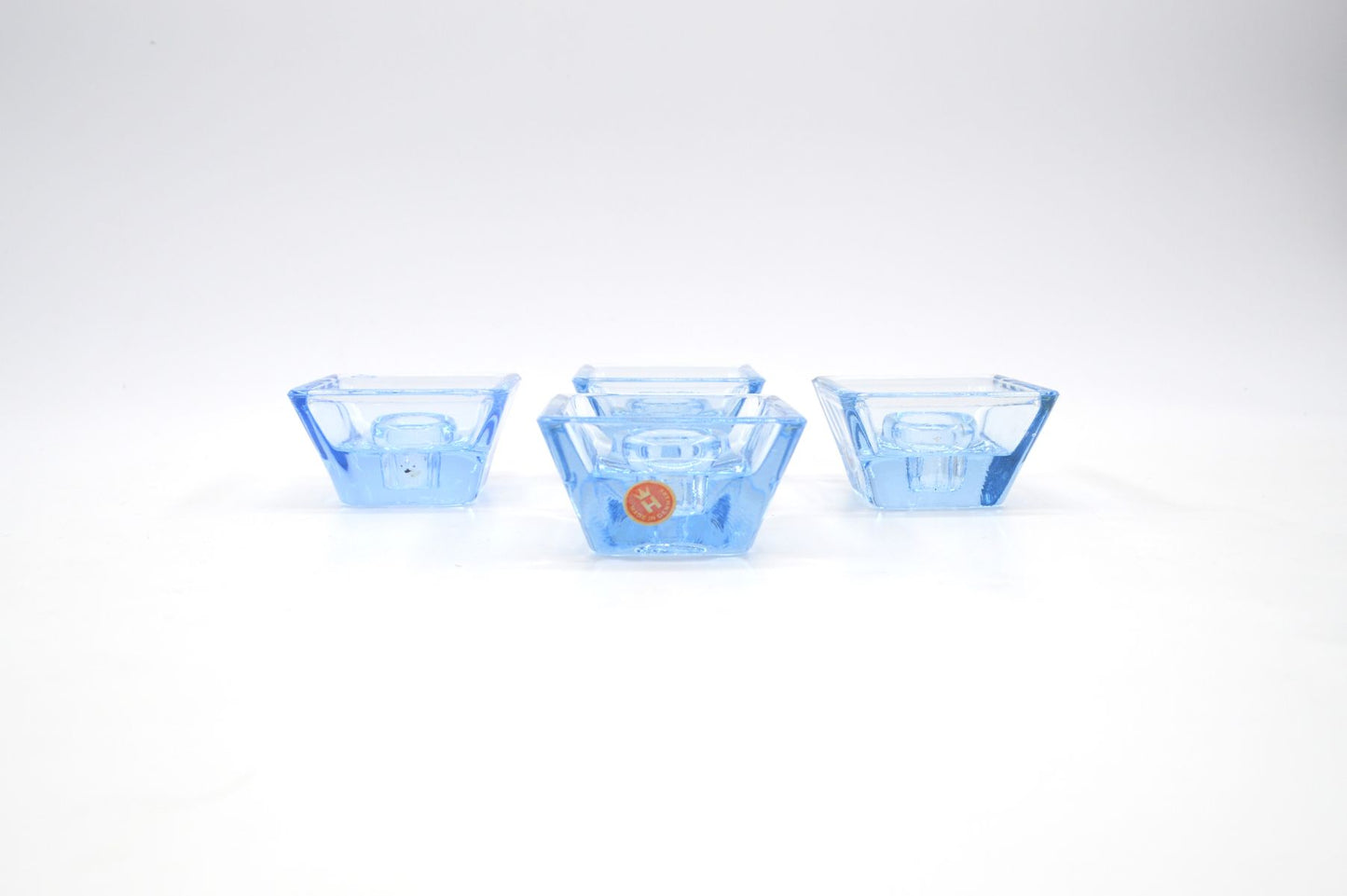 Mid-Century 1960s blaue Holmegaard Kastrup Design Danmark 4 Kerzenhalter 16524 Per Lütken (1916-1998) Design 1960s – Danish Modern Designklassiker