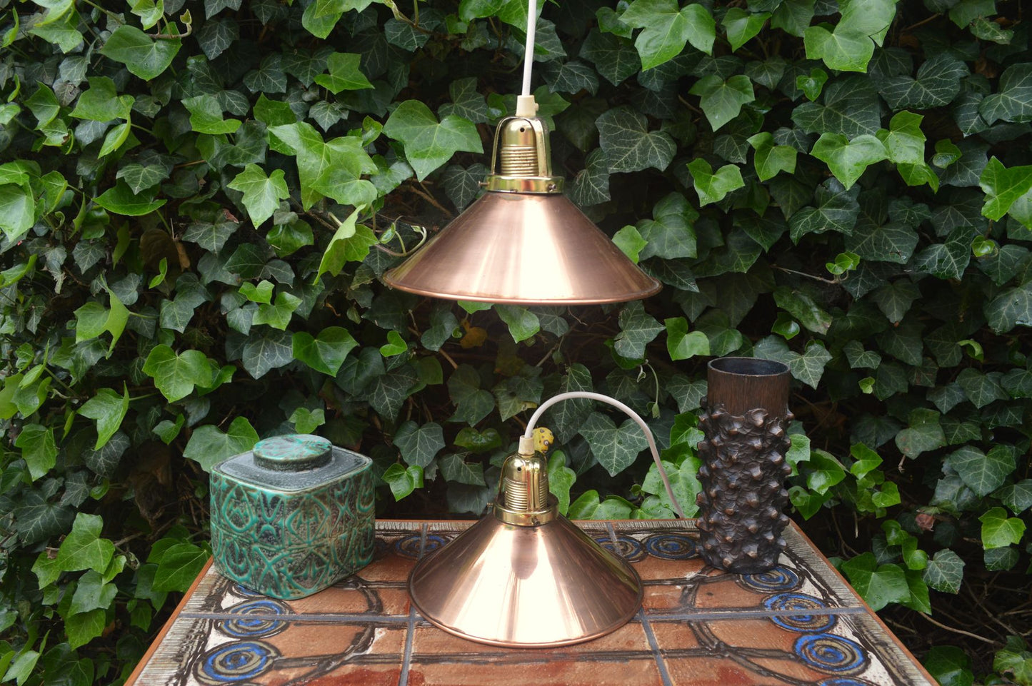 änische Mid-Century Schuhmacherlampen - Vintage Kupfer Schumacher oder Schuster Hängelampen - 1960s dänische MCM Industrie Design Pendellampen