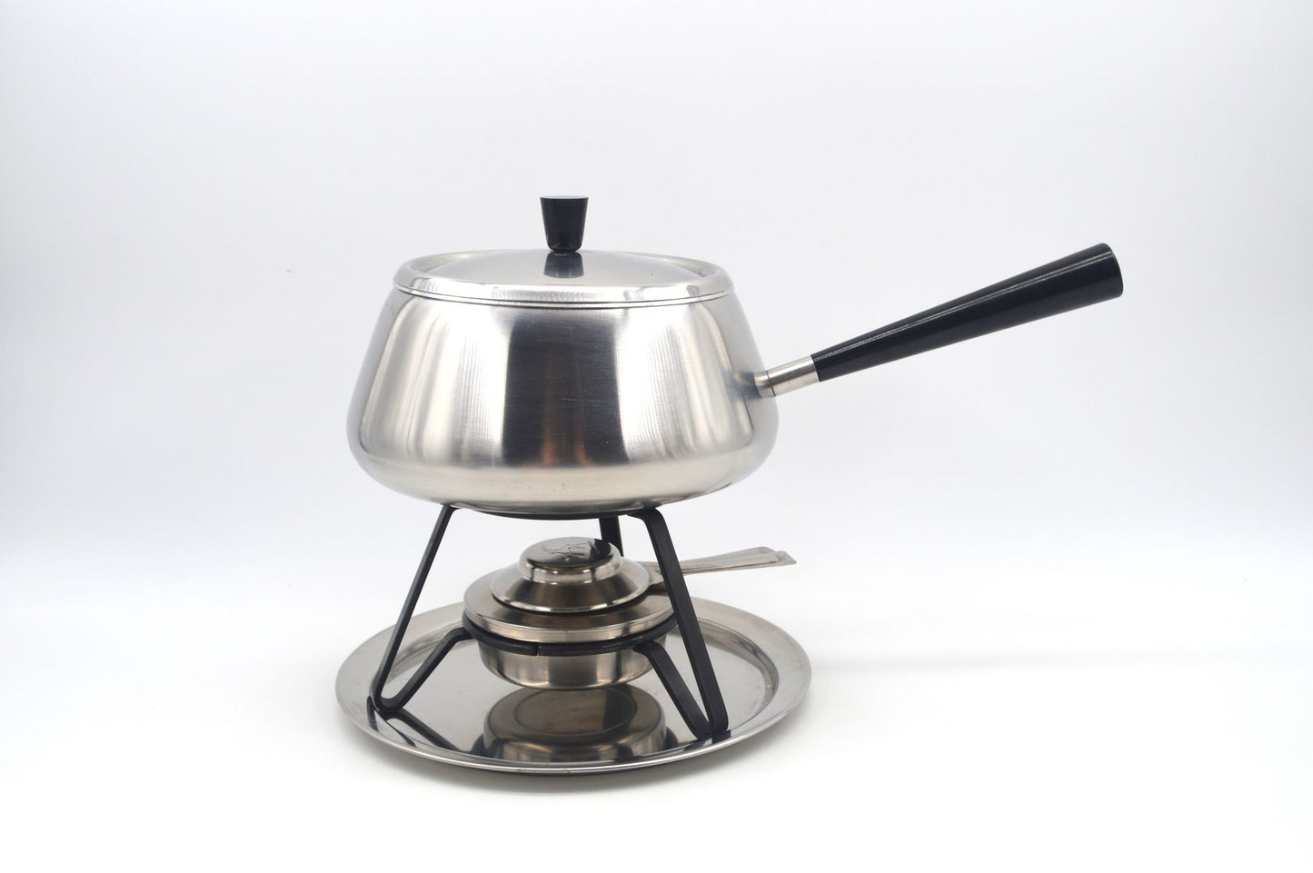 Vintage Spring Culinox Edelstahl Fondue Set mit Fondue Topf, Brenner und Ständer, Original 1980s Mid-Century Schweizer Design Fondue