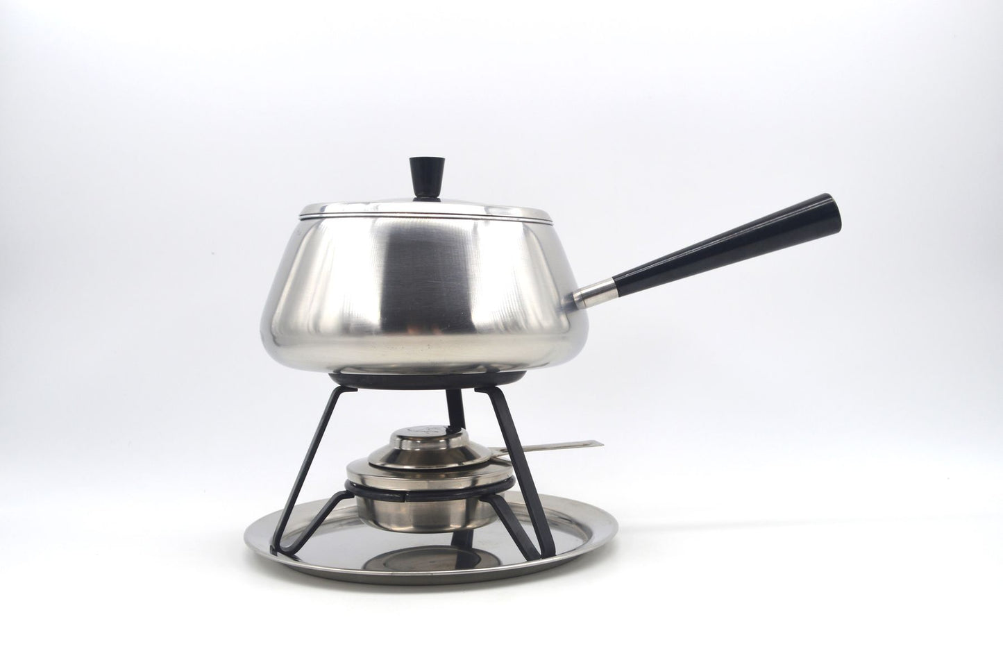 Vintage Spring Culinox Edelstahl Fondue Set mit Fondue Topf, Brenner und Ständer, Original 1980s Mid-Century Schweizer Design Fondue