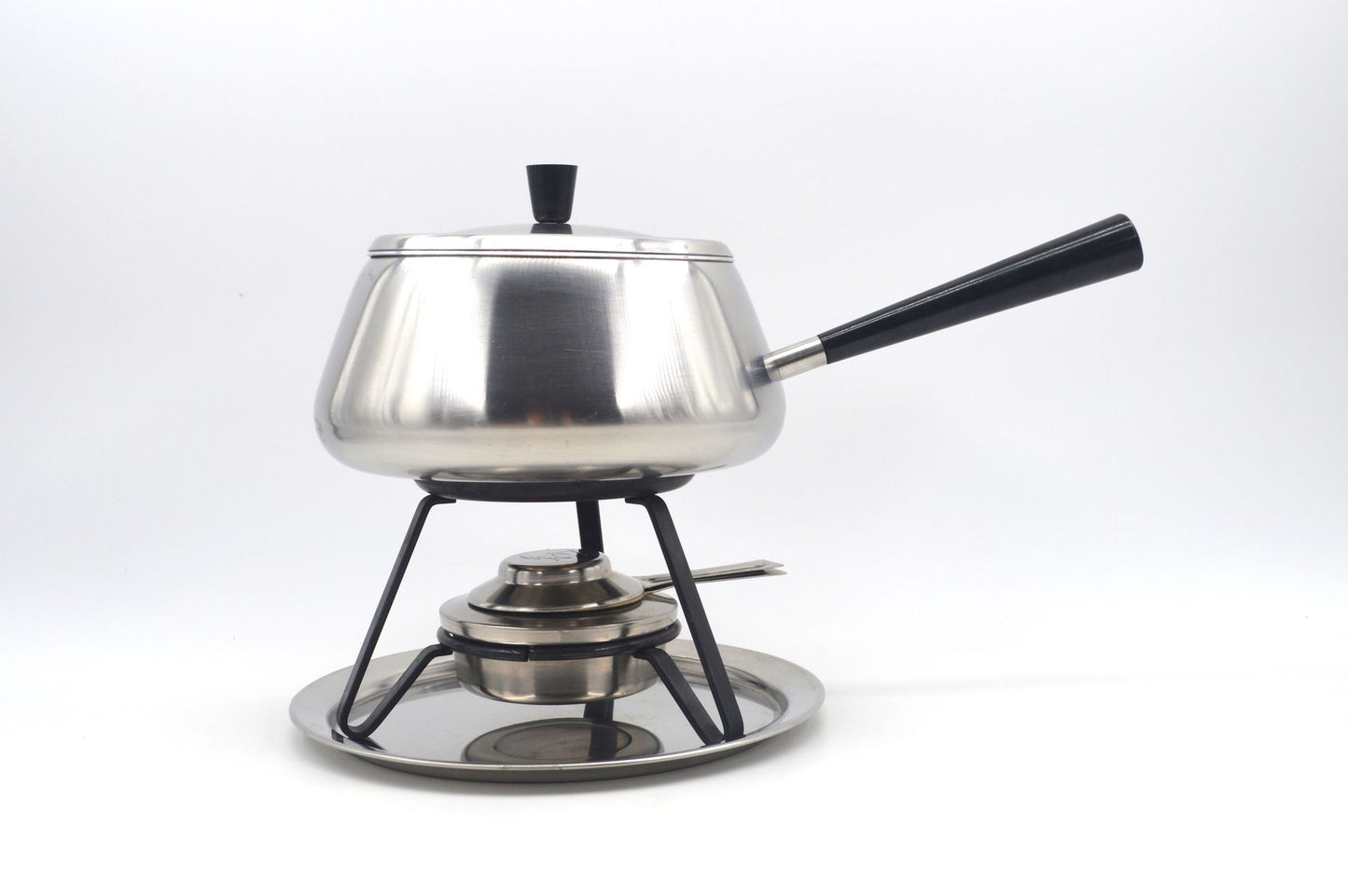 Vintage Spring Culinox Edelstahl Fondue Set mit Fondue Topf, Brenner und Ständer, Original 1980s Mid-Century Schweizer Design Fondue