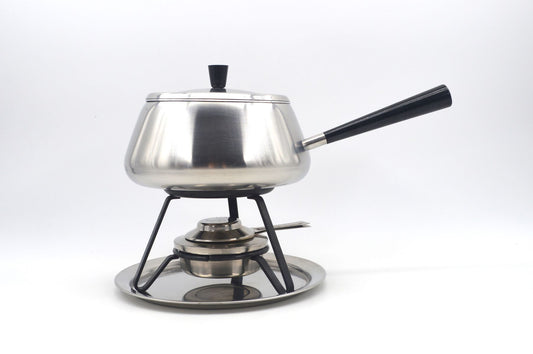 Vintage Spring Culinox Edelstahl Fondue Set mit Fondue Topf, Brenner und Ständer, Original 1980s Mid-Century Schweizer Design Fondue