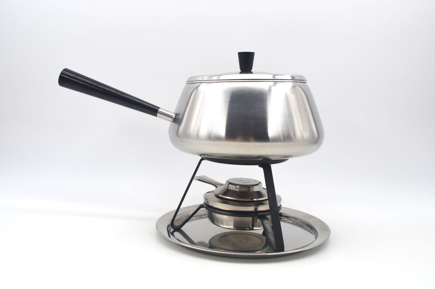 Vintage Spring Culinox Edelstahl Fondue Set mit Fondue Topf, Brenner und Ständer, Original 1980s Mid-Century Schweizer Design Fondue