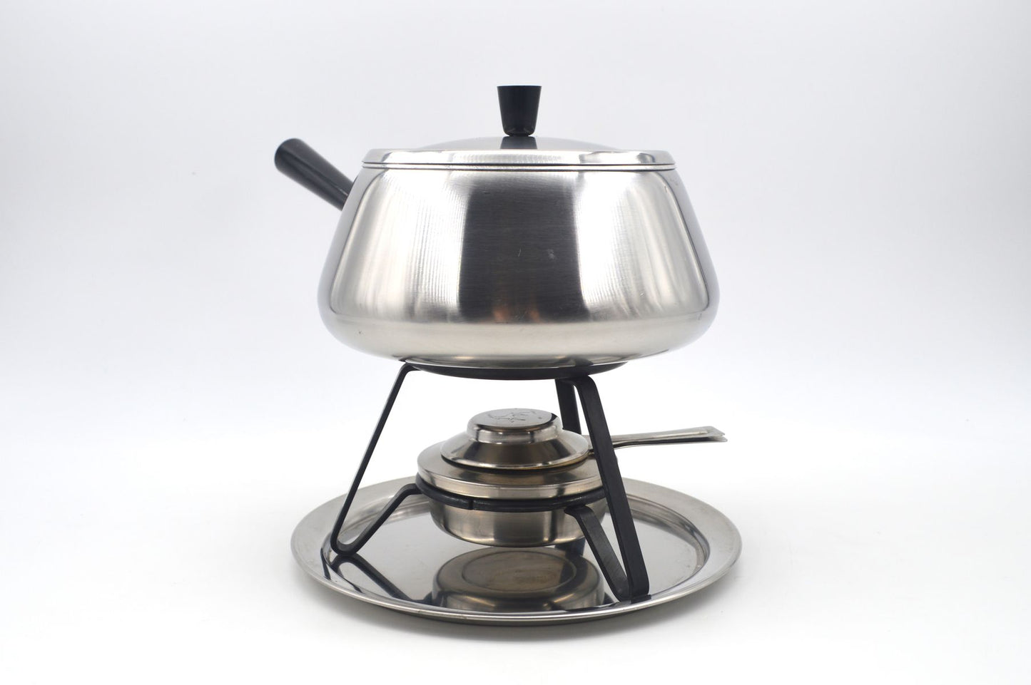 Vintage Spring Culinox Edelstahl Fondue Set mit Fondue Topf, Brenner und Ständer, Original 1980s Mid-Century Schweizer Design Fondue