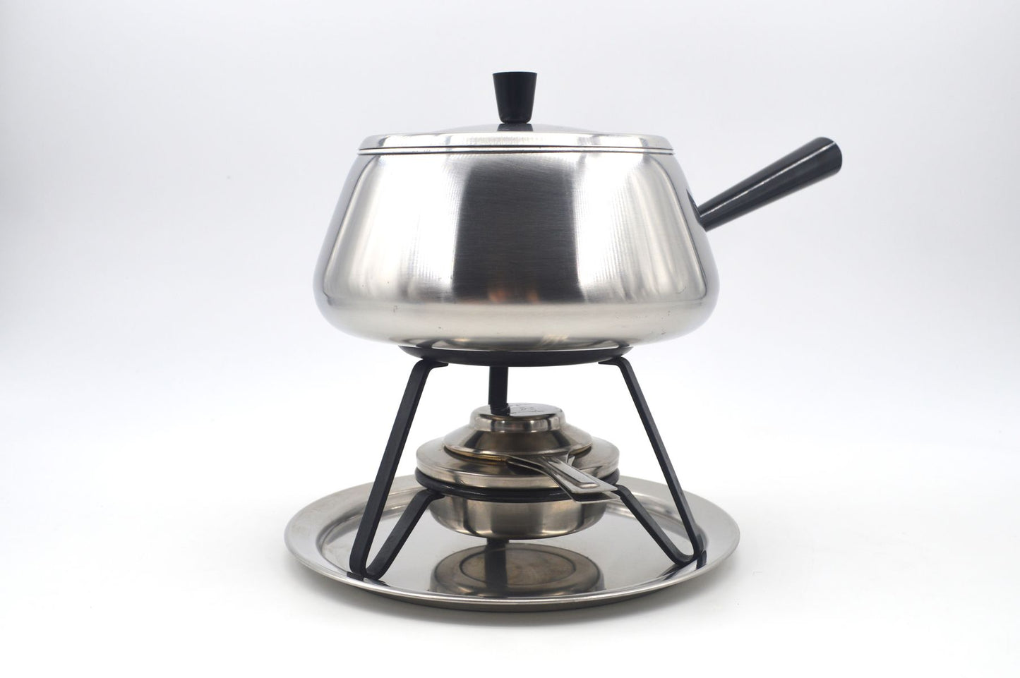 Vintage Spring Culinox Edelstahl Fondue Set mit Fondue Topf, Brenner und Ständer, Original 1980s Mid-Century Schweizer Design Fondue