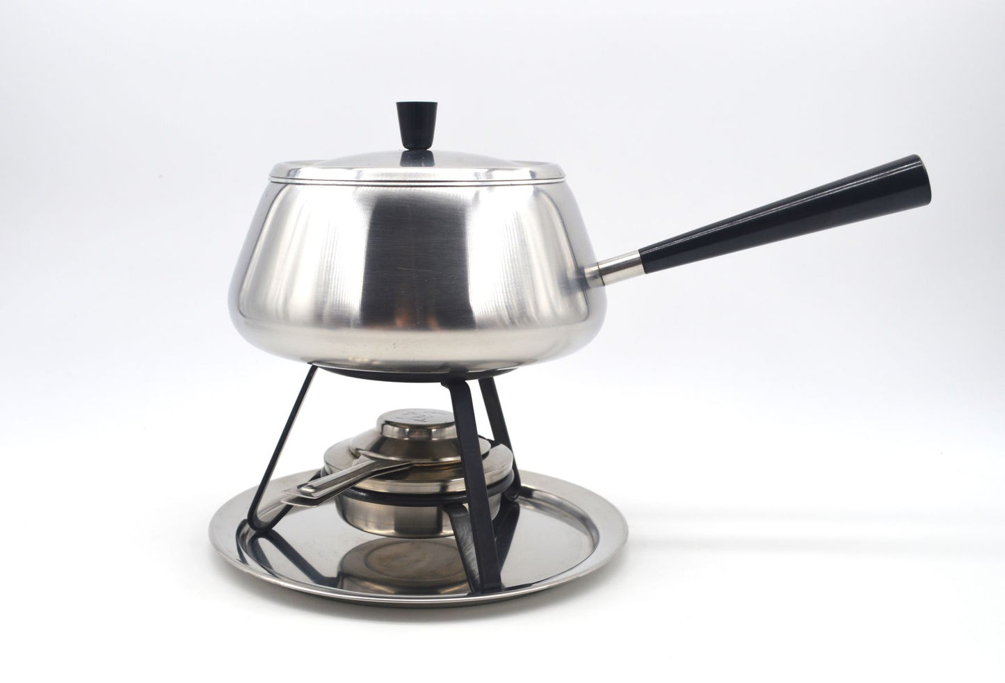 Vintage Spring Culinox Edelstahl Fondue Set mit Fondue Topf, Brenner und Ständer, Original 1980s Mid-Century Schweizer Design Fondue