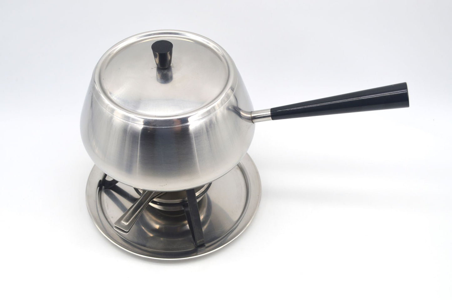 Vintage Spring Culinox Edelstahl Fondue Set mit Fondue Topf, Brenner und Ständer, Original 1980s Mid-Century Schweizer Design Fondue