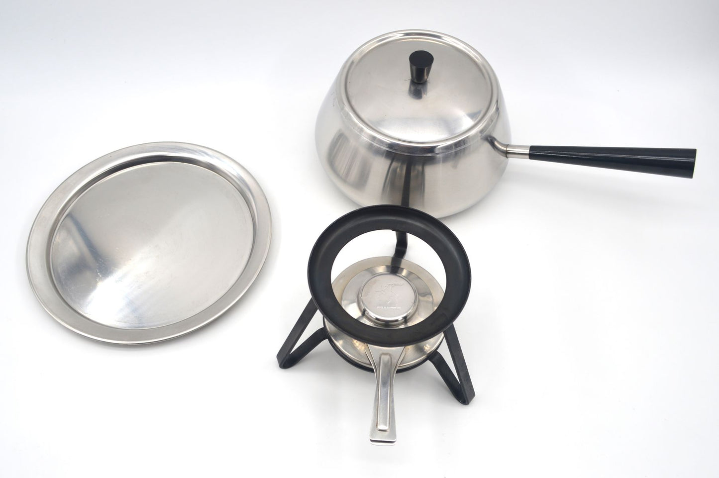 Vintage Spring Culinox Edelstahl Fondue Set mit Fondue Topf, Brenner und Ständer, Original 1980s Mid-Century Schweizer Design Fondue