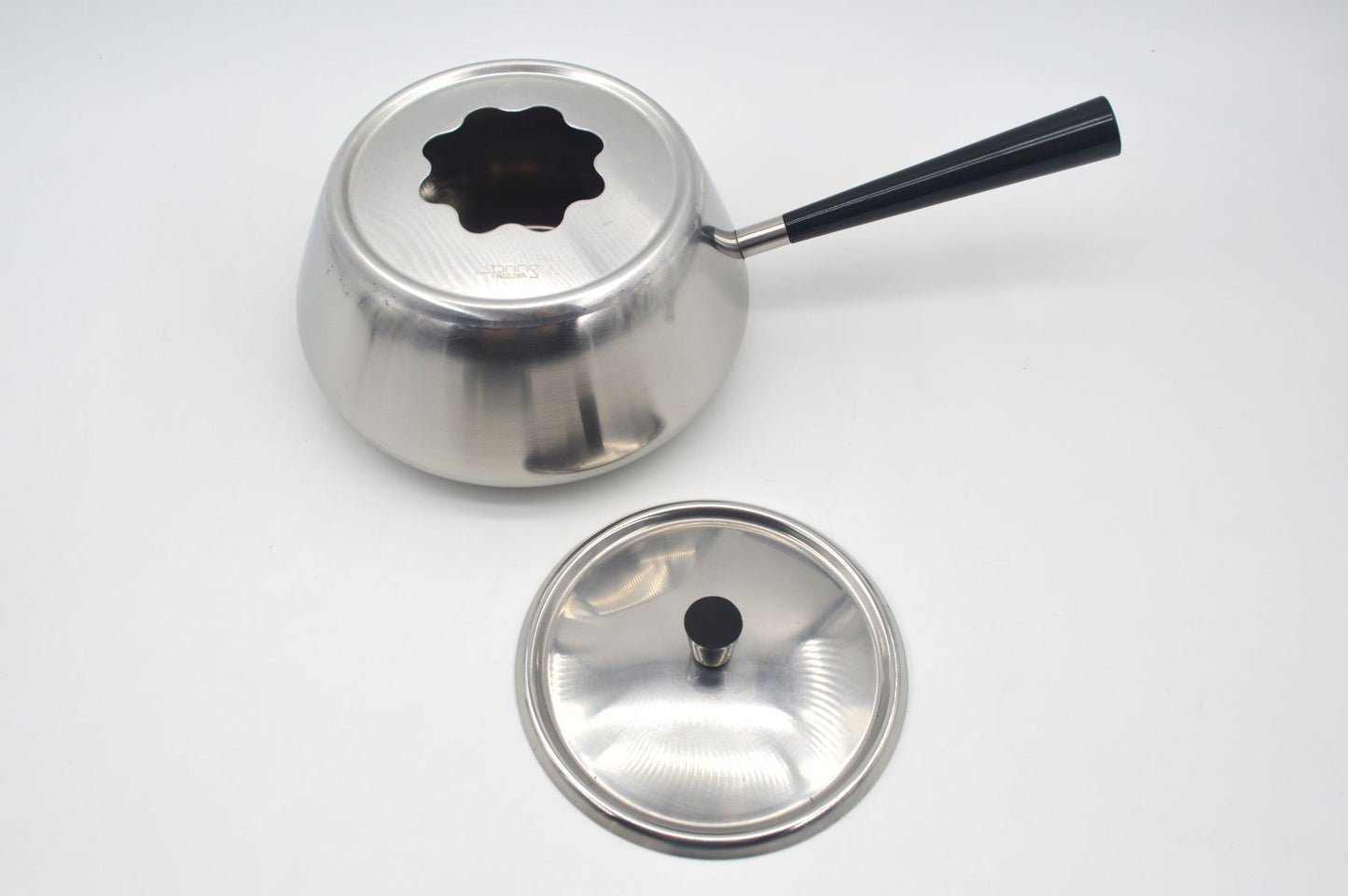 Vintage Spring Culinox Edelstahl Fondue Set mit Fondue Topf, Brenner und Ständer, Original 1980s Mid-Century Schweizer Design Fondue