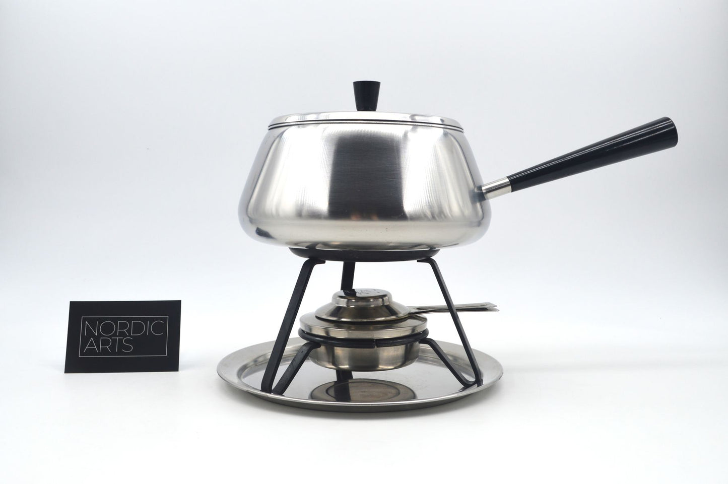 Vintage Spring Culinox Edelstahl Fondue Set mit Fondue Topf, Brenner und Ständer, Original 1980s Mid-Century Schweizer Design Fondue