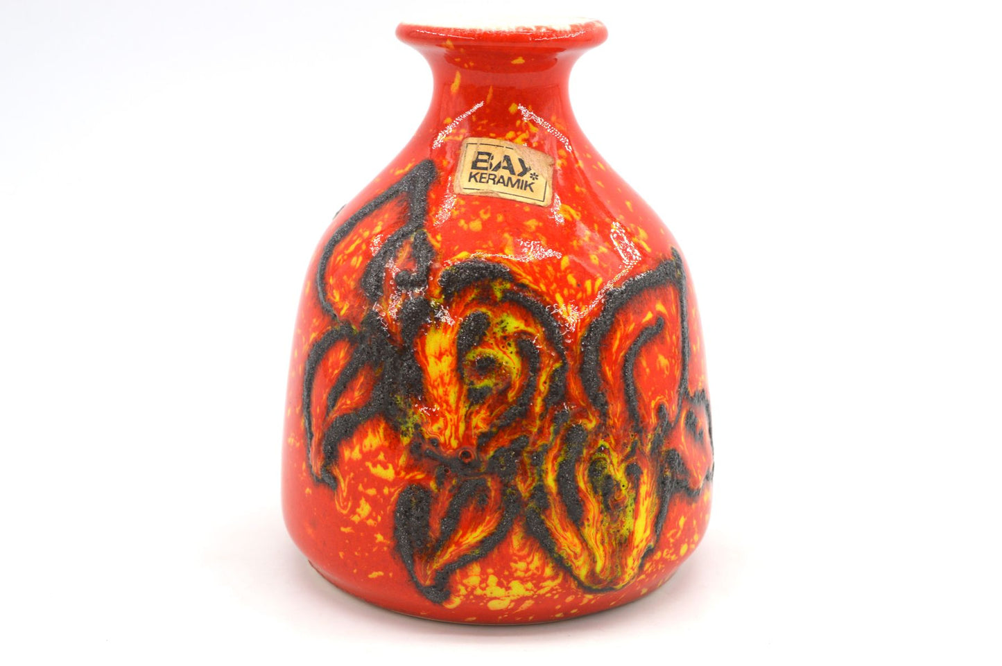Vintage WGP Bay Keramik Fat-Lava Keramik Vase 22-12 Bodo Mans Design 1970s westdeutsche Keramik Vase mit rot-gelber Fat-Lava Glasur Pop-Art Design