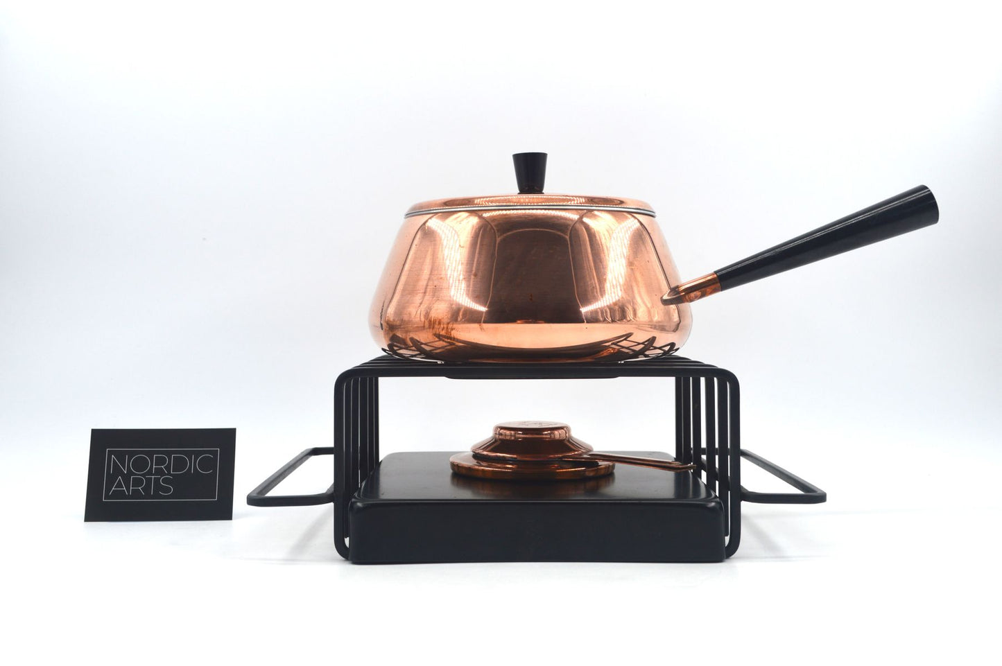 Original 1980s Vintage Spring Culinox Kupfer Fondue Set mit Fondue Topf, Brenner und Ständer, Mid-Century Made in Switzerland - Schweizer Design Geschirr