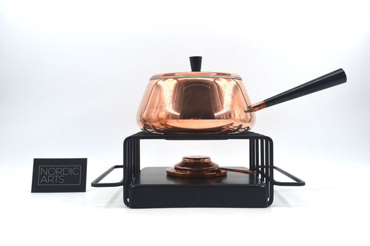 Original 1980s Vintage Spring Culinox Kupfer Fondue Set mit Fondue Topf, Brenner und Ständer, Mid-Century Made in Switzerland - Schweizer Design Geschirr