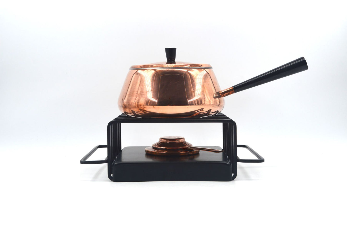 Original 1980s Vintage Spring Culinox Kupfer Fondue Set mit Fondue Topf, Brenner und Ständer, Mid-Century Made in Switzerland - Schweizer Design Geschirr