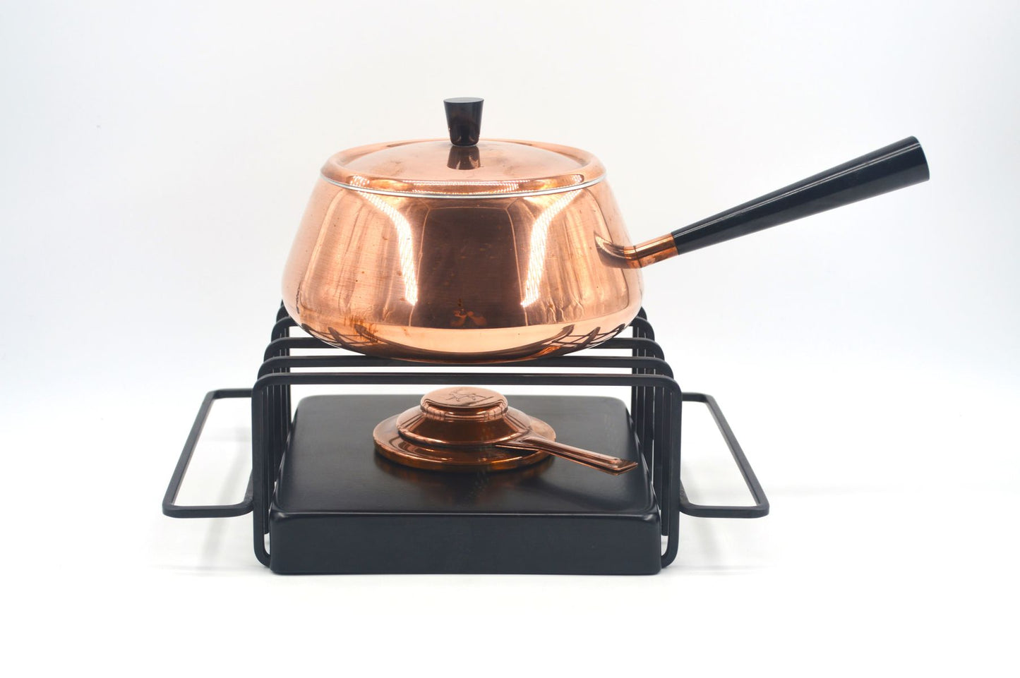 Original 1980s Vintage Spring Culinox Kupfer Fondue Set mit Fondue Topf, Brenner und Ständer, Mid-Century Made in Switzerland - Schweizer Design Geschirr