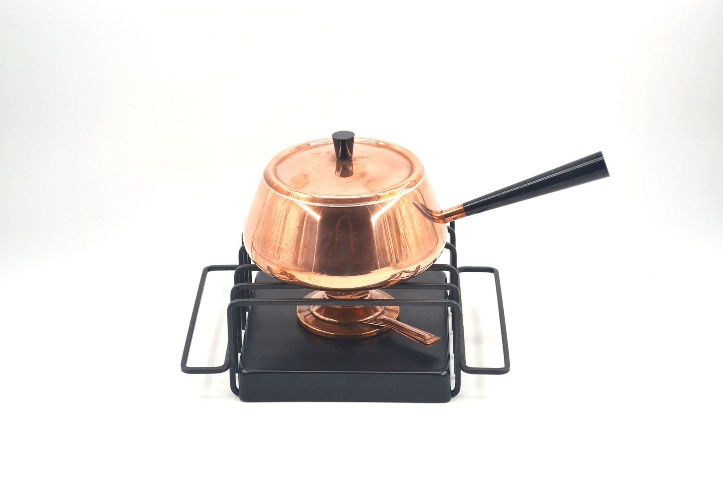 Original 1980s Vintage Spring Culinox Kupfer Fondue Set mit Fondue Topf, Brenner und Ständer, Mid-Century Made in Switzerland - Schweizer Design Geschirr