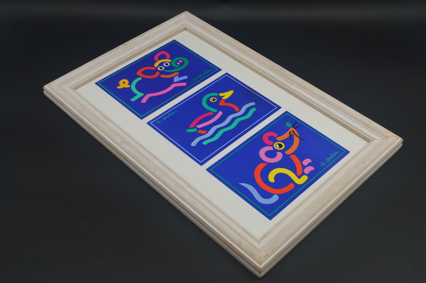 Original Bo Bendixen Denmark Kunstdrucke mit bunten Tiermotiven im Bilderrahmen 1980s Danish Modern Design – dänische moderne Vintage Drucke