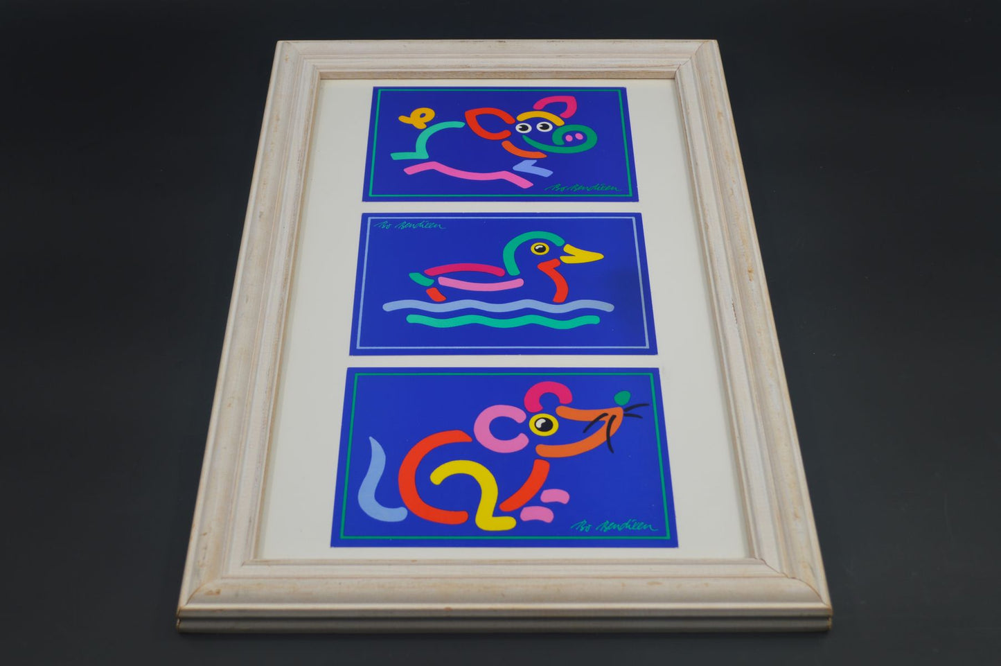 Original Bo Bendixen Denmark Kunstdrucke mit bunten Tiermotiven im Bilderrahmen 1980s Danish Modern Design – dänische moderne Vintage Drucke