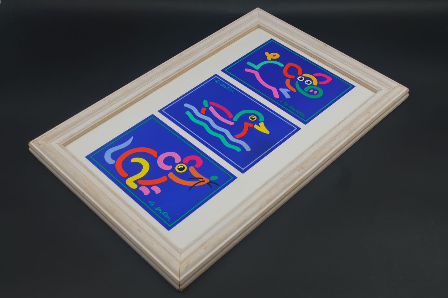Original Bo Bendixen Denmark Kunstdrucke mit bunten Tiermotiven im Bilderrahmen 1980s Danish Modern Design – dänische moderne Vintage Drucke