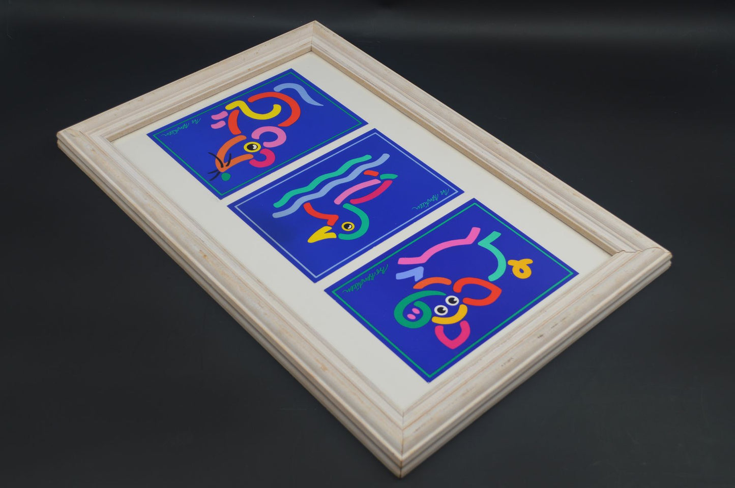 Original Bo Bendixen Denmark Kunstdrucke mit bunten Tiermotiven im Bilderrahmen 1980s Danish Modern Design – dänische moderne Vintage Drucke