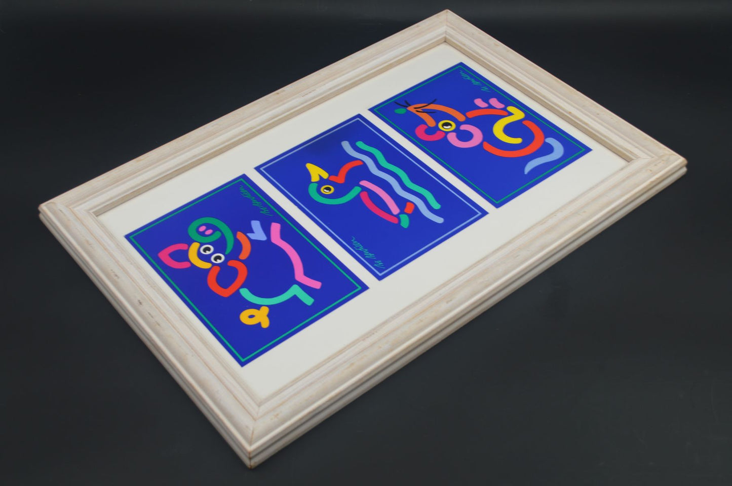 Original Bo Bendixen Denmark Kunstdrucke mit bunten Tiermotiven im Bilderrahmen 1980s Danish Modern Design – dänische moderne Vintage Drucke