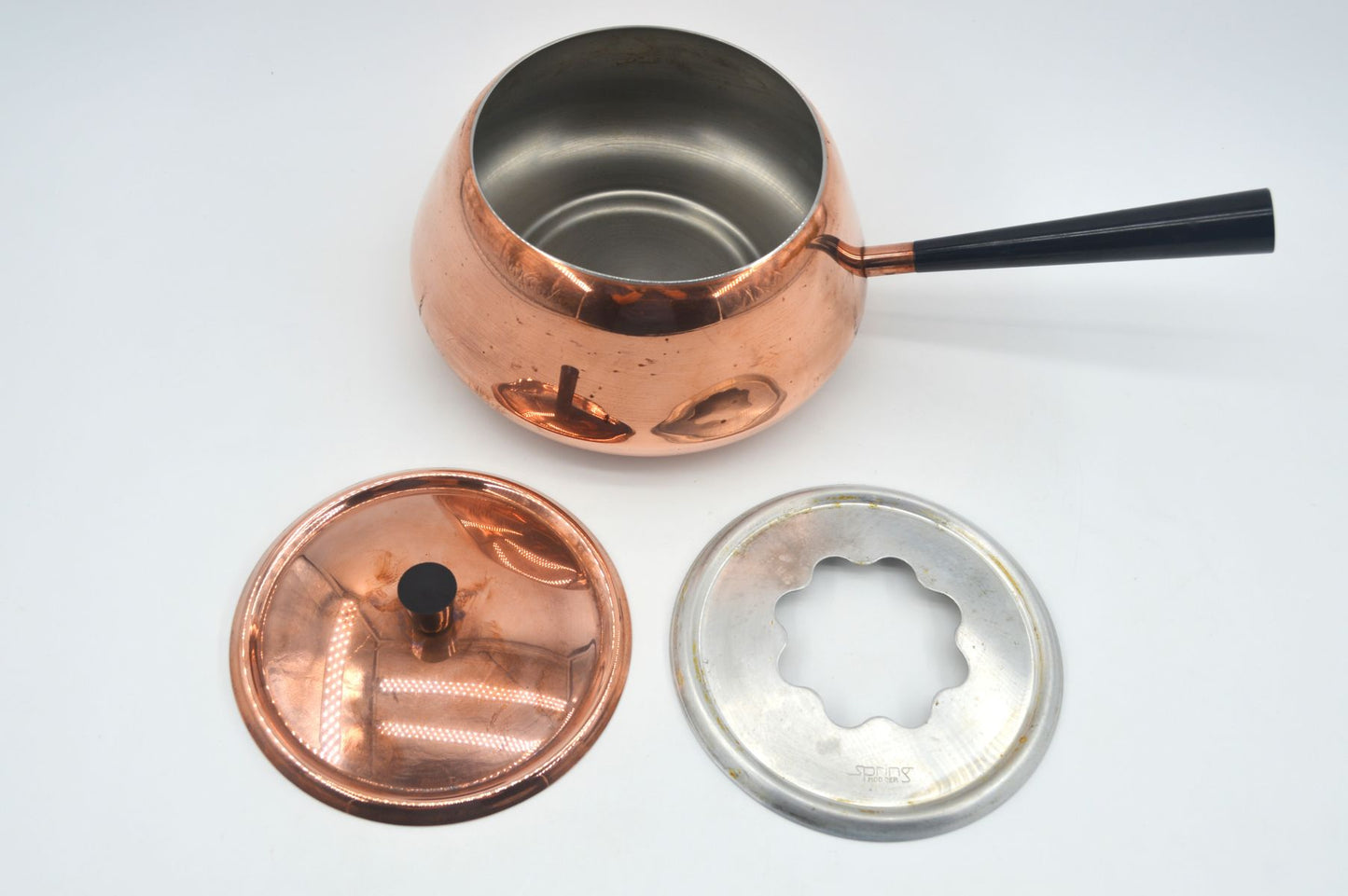 Original 1980s Vintage Spring Culinox Kupfer Fondue Set mit Fondue Topf, Brenner und Ständer, Mid-Century Made in Switzerland - Schweizer Design Geschirr