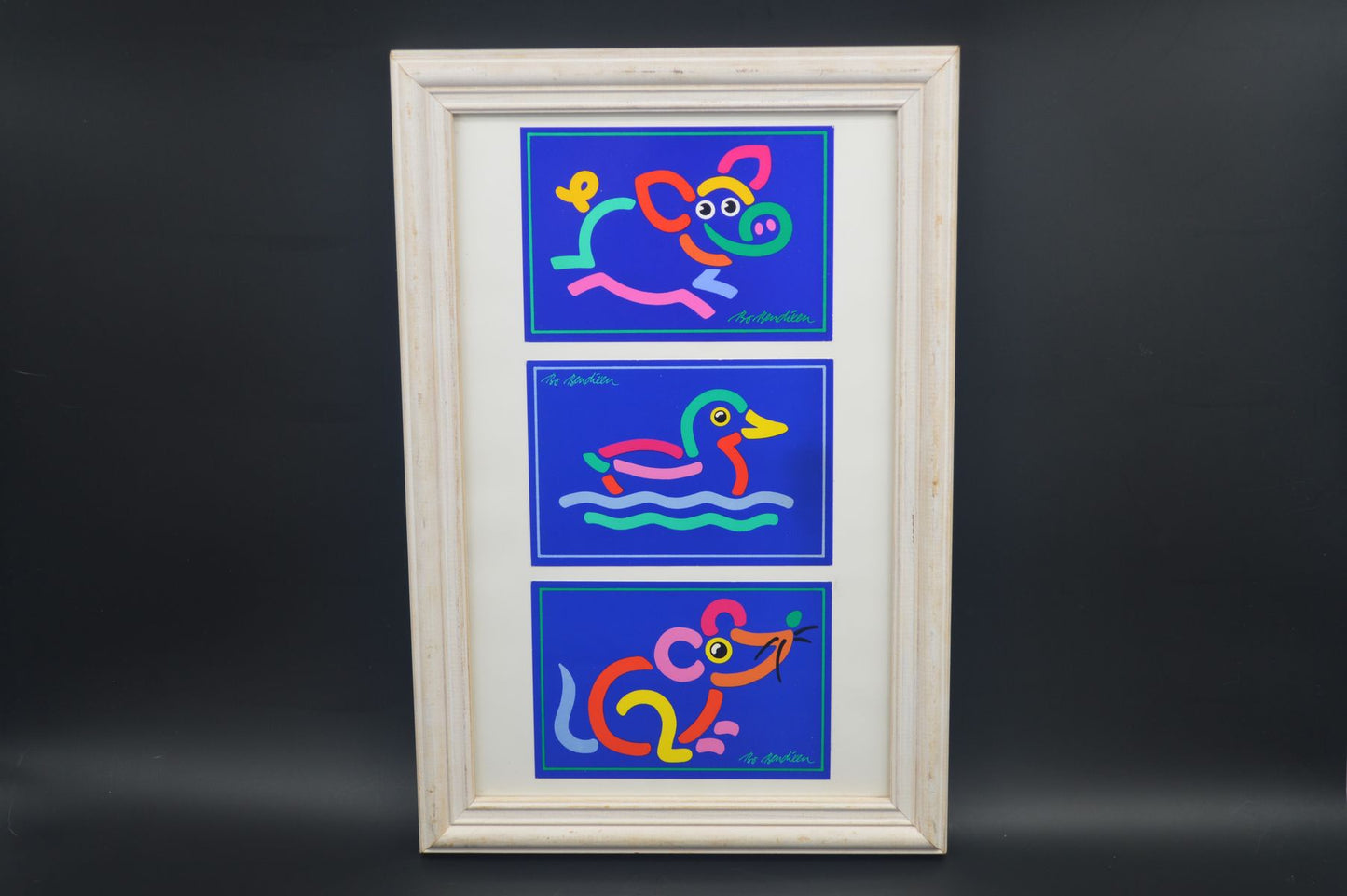 Original Bo Bendixen Denmark Kunstdrucke mit bunten Tiermotiven im Bilderrahmen 1980s Danish Modern Design – dänische moderne Vintage Drucke