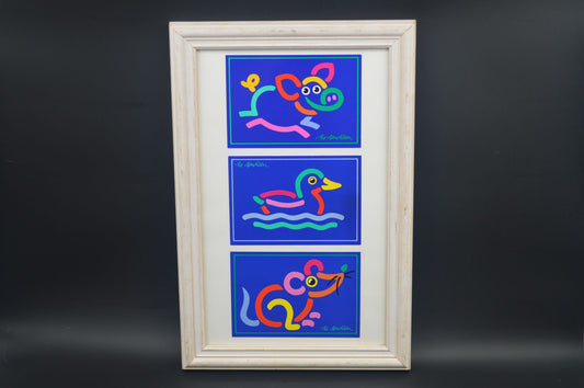 Original Bo Bendixen Denmark Kunstdrucke mit bunten Tiermotiven im Bilderrahmen 1980s Danish Modern Design – dänische moderne Vintage Drucke