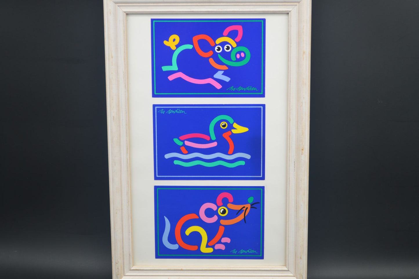 Original Bo Bendixen Denmark Kunstdrucke mit bunten Tiermotiven im Bilderrahmen 1980s Danish Modern Design – dänische moderne Vintage Drucke