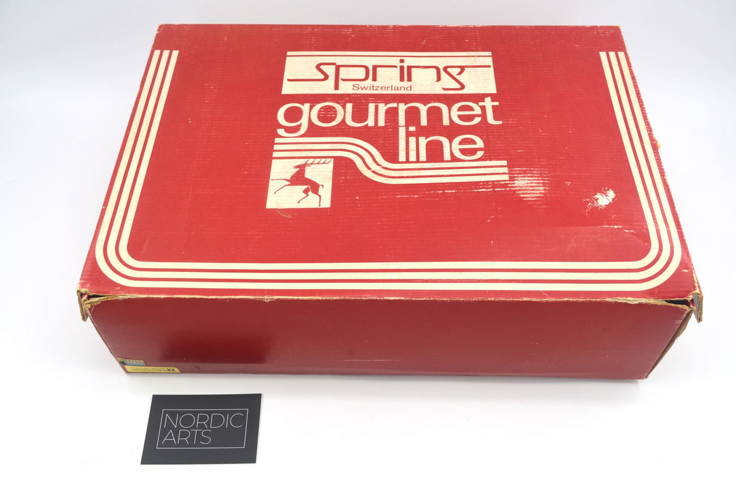 Original 1980s Vintage Spring Culinox Kupfer Fondue Set mit Originalverpackung mit Fondue Topf, Fonduegabeln, Brenner und Ständer, Mid-Century Schweizer Design Fondue