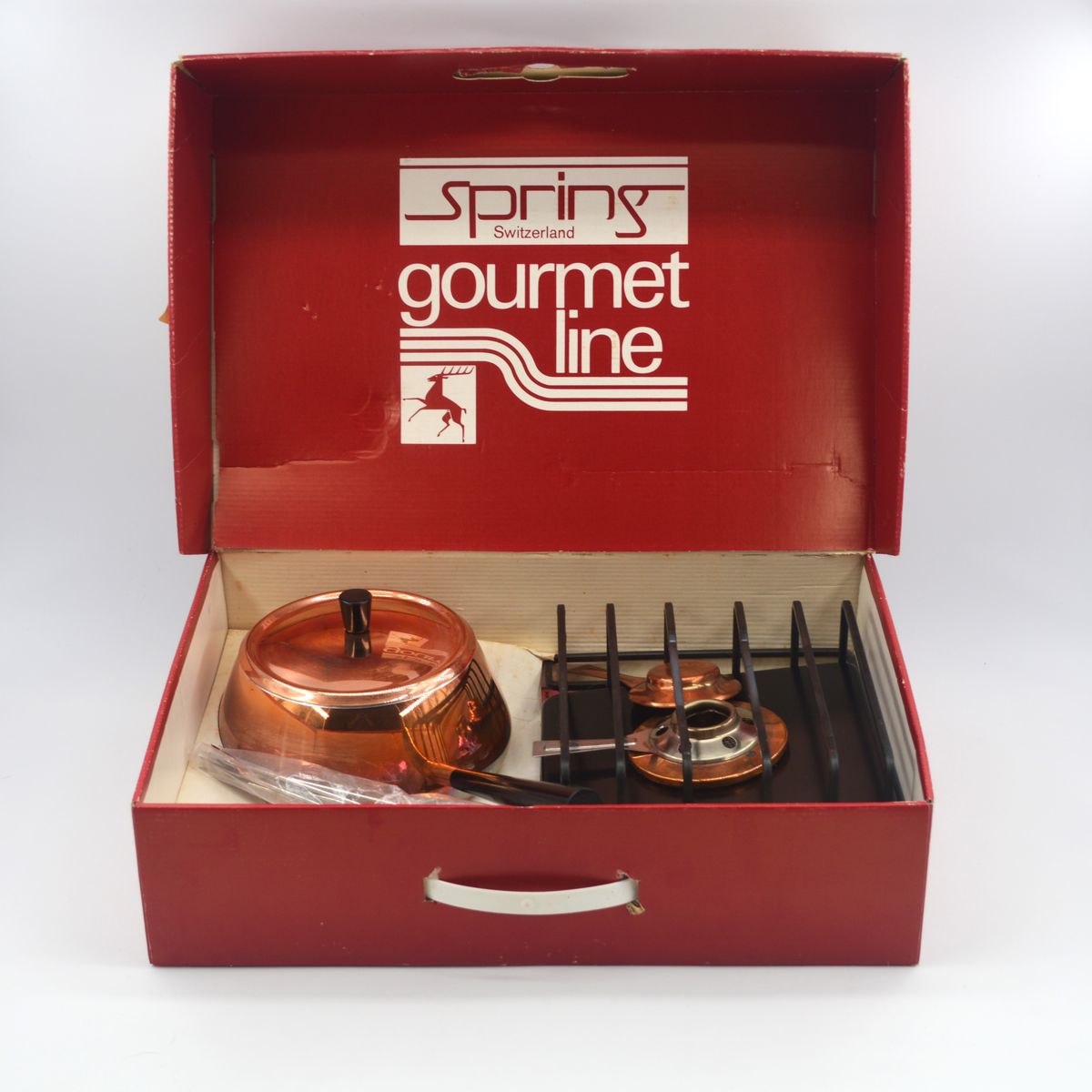 Original 1980s Vintage Spring Culinox Kupfer Fondue Set mit Originalverpackung mit Fondue Topf, Fonduegabeln, Brenner und Ständer, Mid-Century Schweizer Design Fondue