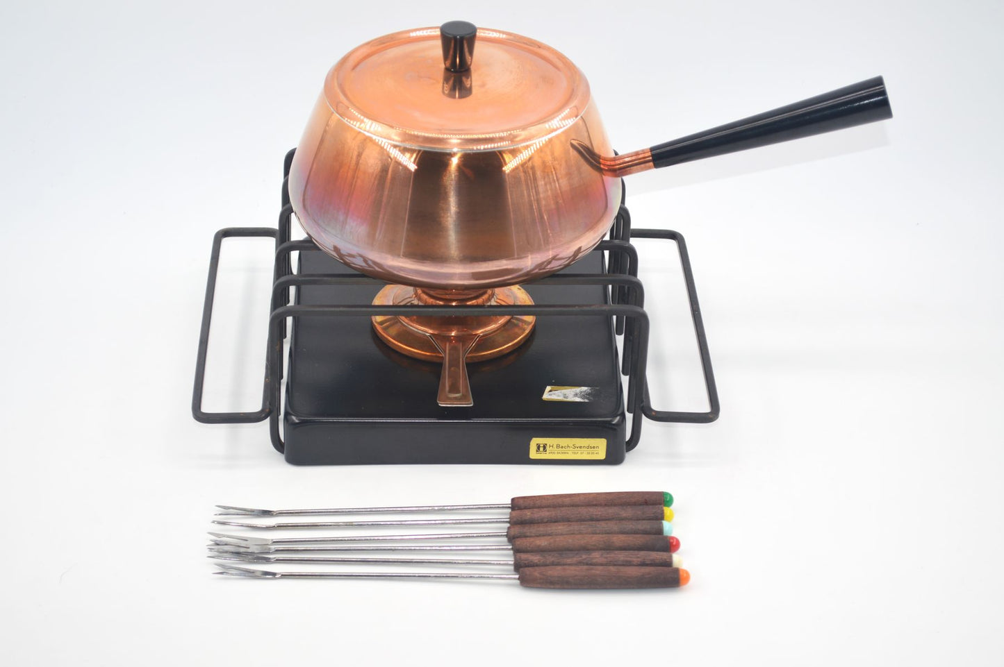 Original 1980s Vintage Spring Culinox Kupfer Fondue Set mit Originalverpackung mit Fondue Topf, Fonduegabeln, Brenner und Ständer, Mid-Century Schweizer Design Fondue